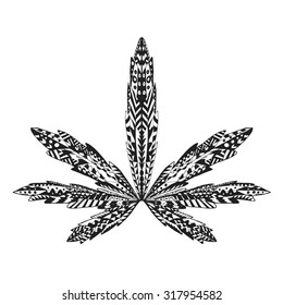 Zentangle stylized marijuana leaf. Isolated hand drawn doodle. Ethnic patterned illustration of cannabis. African, indian, totem, tattoo design. Sketch for tattoo, posters, prints or t-shirt.