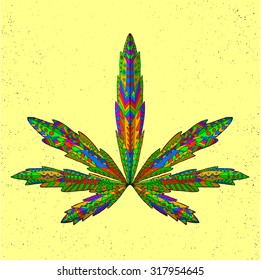 Zentangle stylized marijuana leaf. Isolated hand drawn doodle. Ethnic patterned  illustration of cannabis. African, indian, totem, tattoo design. Sketch for tattoo, posters, prints or t-shirt.