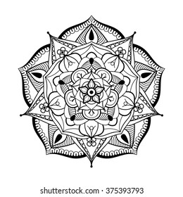 Zentangle stylized monochrome Mandala round. Hand drawn patterned vector illustration. Sketch for adult anti stress coloring pages.