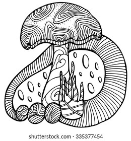 Zentangle stylized mushroom. Adult anti stress page for coloring book. Hand drawn illustration in doodle style. Vector black isolated sketch on white background.
