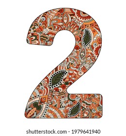 Zentangle stylized number 2 in doodle style. Hand drawn vector illustration