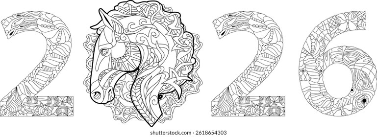 Zentangle estilizou o número 2026 com cavalo. Ilustração de vetor de renda desenhado à mão para coloração