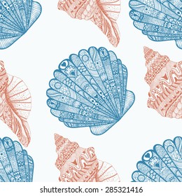 Zentangle stylized ocean shells seamless pattern. Hand Drawn  doodle vector illustration. Sketch for tattoo or makhenda decoration. Seashell collection.