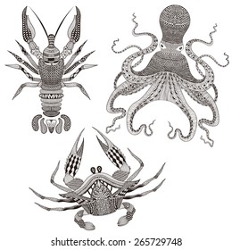 Zentangle stylized Octopus, King Crab, Crayfish. Hand Drawn doodle vector illustration isolated on white background. Sketch for tattoo or makhenda. Sea food collection.