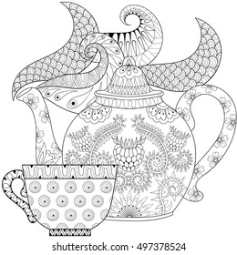 Zentangle stylized ornamental teapod with steam and cup of tea, hot beverage with artistically doodle elements. Ethnic hand drawn vector illustration for adult coloring pages.