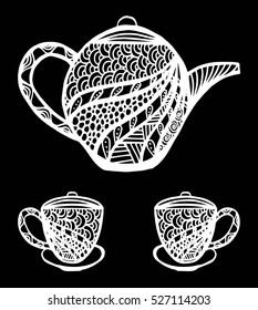 Zentangle stylized ornamental teapot with cups of tea, hot beverage with artistically doodle elements. Ethnic hand drawn illustration.
