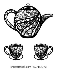 Zentangle stylized ornamental teapot with cups of tea, hot beverage with artistically doodle elements. Ethnic hand drawn illustration.