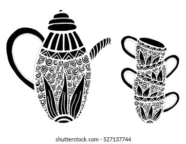 Zentangle stylized ornamental teapot with cups of tea, hot beverage with artistically doodle elements. Ethnic hand drawn vector illustration