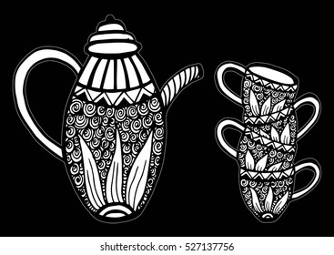 Zentangle stylized ornamental teapot with cups of tea, hot beverage with artistically doodle elements. Ethnic hand drawn vector illustration