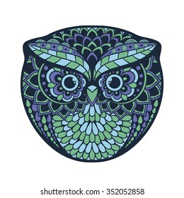 Zentangle stylized owl. Hand draw patterned animal illustration. isolated on white background. Sketch for tattoo or makhenda.