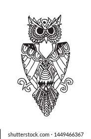 Zentangle stylized Owl. Vector illustration for print and tattoo. Coloring page.