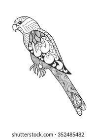 Zentangle stylized parrot. Bird. Black white hand drawn doodle. Ethnic patterned vector illustration. African, indian, totem, tribal design. Sketch for tattoo, poster, print or t-shirt.