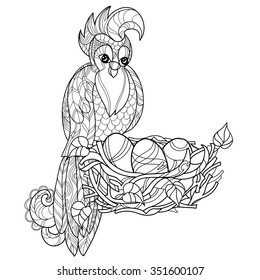 Zentangle stylized parrot on nest. Hand Drawn vector illustration. Sketch for tattoo,coloring or makhenda. Bird collection.