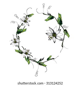 Zentangle stylized Passion flower, leaf, bud & tendril wreath isolated on white background. Engraved Vector Element. Vintage frame for Save the Date Card, Wedding invitation, covers. Boho style. 