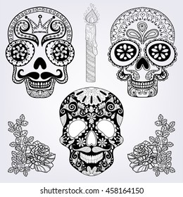 Zentangle stylized patterned Skulls set, candle, roses for Halloween adult coloring pages, freehand artistically doodle elements. Ethnic ornamental vector illustration for tattoo, t-shirt or prints