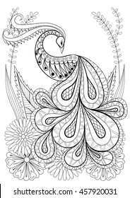 Zentangle stylized Peacock with flowers. Hand drawn ethnic animal for adult coloring pages, art therapy, boho t-shirt patterned print, posters, t-shirt. Vector isolated illustration. A4 size.