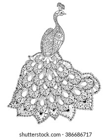 Zentangle stylized peacock Hand Drawn vector illustration. Sketch for tattoo or makhenda. Bird collection boho style.