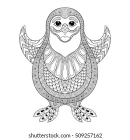 Zentangle stylized Penguin. Vector the cheerful bird wants to embrace. Hand Drawn Christmas illlustration for adult coloring books, isolated on white background. Sketch for tattoo, postcards