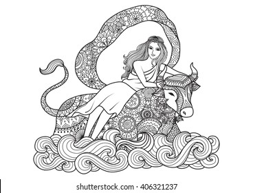 Zentangle stylized of Phoenician princess (Europa) whom the continent Europe was named. Designed for coloring book for both adult and children, T - Shirt graphic, poster and other decorations