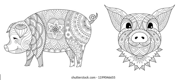 Zentangle stylized of pig baby collection the Chinese sign of year 2019 for coloring book page, printed tee and so on. Vector illustration