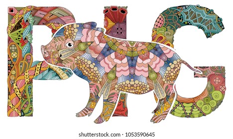 Zentangle stylized pig. Hand drawn decorative vector illustration