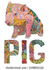 Zentangle stylized pig. Hand drawn decorative vector illustration