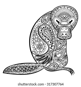 Zentangle stylized Platypus totem. Can be used for adult anti stress Coloring Page for art therapy, tribal illustration in doodle style. Vector sketch with high details isolated on white background.