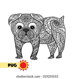 Zentangle stylized pub. Hand Drawn Dog doodle vector illustration. Sketch for tattoo or makhenda. Coloring page. Animal collection.

