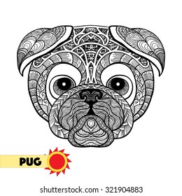 Zentangle stylized pub head. Hand Drawn Dog doodle vector illustration. Sketch for tattoo or makhenda. Coloring page. Animal collection.