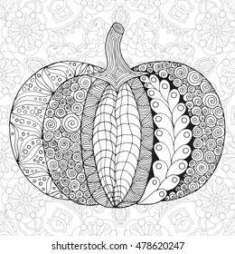 Zentangle stylized pumpkin. Black white hand drawn vector illustration. Traditional symbol of Thanksgiving, Halloween, autumn. Sketch for colouring page, decoration, poster, print