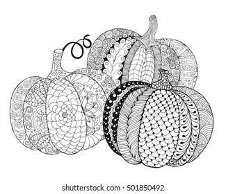 Zentangle stylized pumpkins. Black white hand drawn vector illustration. Traditional symbol of Thanksgiving, Halloween, autumn. Sketch for colouring page, decoration, poster, print