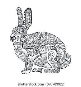 Zentangle Stylized Rabbit. Hand Drawn Vintage Doodle Vector Illustration For Easter. Sketch For Tattoo, Animal Collection. Black And White