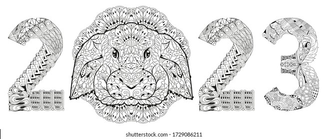Zentangle stylized rabbit number 2023. Hand Drawn lace vector illustration for coloring