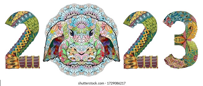 Zentangle stylized rabbit number 2023. Hand Drawn lace vector illustration