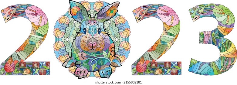 Zentangle stylized rabbit number 2023. Hand Drawn lace vector illustration