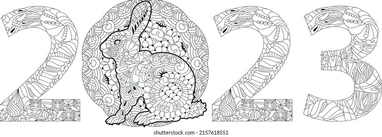 Zentangle estilizó el conejo número 2023. Ilustración vectorial de encaje dibujado a mano para páginas de color