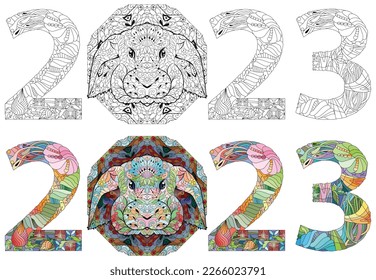 Zentangle estilizó el conejo número 2023. Ilustración vectorial de encaje dibujado a mano para páginas de coloreado. Color y contorno