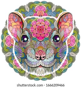 Zentangle estilizó la cabeza de rata en un adorno circular. Ilustración vectorial de encaje dibujado a mano
