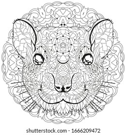 Zentangle stylized rat head on a circular ornament. Hand Drawn lace vector illustration for coloring