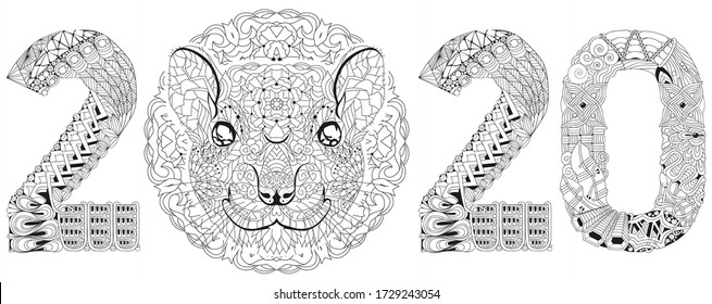 Zentangle stylized rat number 2020. Hand Drawn lace vector illustration for coloring