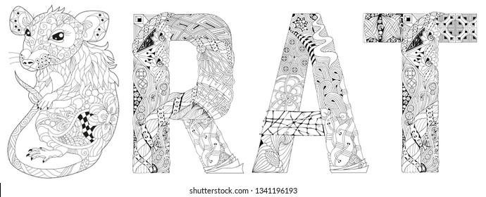 Zentangle stylized rat with word RAT. Hand Drawn lace vector illustration