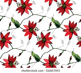 Zentangle stylized Red passion flower, leaf, bud & tendril seamless pattern on white background. Cloth & rug design. Red, Black, Green, White vector backdrop. Hand drawn engraved vintage illustration.