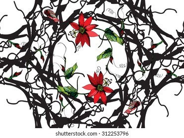 Zentangle stylized Red passion flower, bud, tendril & Gothic frame seamless pattern on white background. Cloth & rug design. Red, Black, Green, White vector backdrop. Hand drawn engraved illustration.
