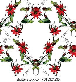 Zentangle stylized Red passion flower, leaf, bud & tendril seamless pattern on white background. Cloth & rug design. Red, Black, Green, White vector backdrop. Hand drawn engraved vintage illustration.