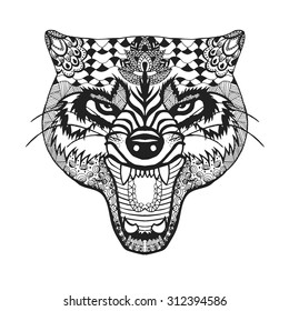 Zentangle stylized roaring wolf. Animals. Hand drawn doodle. Ethnic patterned vector illustration. African, Indian, totem, tattoo design. Sketch for avatar, tattoo, posters, prints or t-shirt.