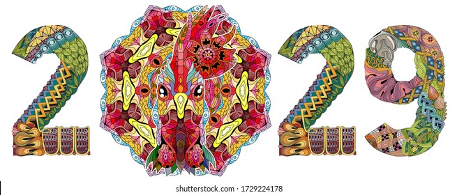 Zentangle stylized rooster number 2029. Hand Drawn lace vector illustration