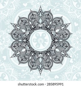 Zentangle stylized Round Indian, Arabic Mandala. Hand drawn vintage Ornament Pattern on lace background. Tatoo or mehndi design. Can be used as greeting, wedding and invitation card. 