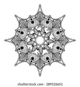 Zentangle stylized Round Indian Mandala, Rangoli. Hand drawn vintage Ornament Pattern isolated on white background. Yoga spirit. Can be used for postcard, t-shirt, fabric bag or poster. 