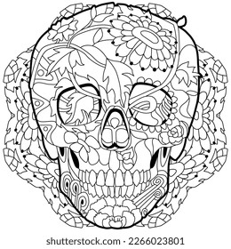 Zentangle stylized scull on mandala. Hand drawn decorative vector illustration for coloring