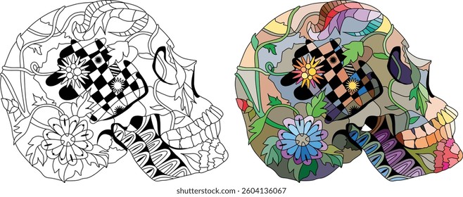 Zentangle stylized scull side view for coloring. Hand drawn decorative vector illustration